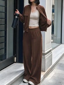 Struktiv Women's Spring/Autumn 2 Pieces Set, Half-Zip Collar Long Sleeve Top With Dual Pockets, High-Waist Draped Wide Leg Pants, Casual Relaxed Commute & Sport Outfit - Coffee Brown - View 4