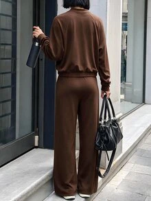 Struktiv Women's Spring/Autumn 2 Pieces Set, Half-Zip Collar Long Sleeve Top With Dual Pockets, High-Waist Draped Wide Leg Pants, Casual Relaxed Commute & Sport Outfit - Coffee Brown - View 2