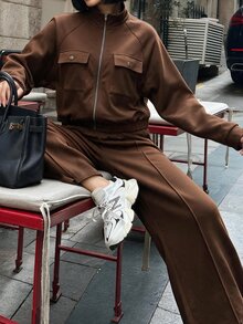 Struktiv Women's Spring/Autumn 2 Pieces Set, Half-Zip Collar Long Sleeve Top With Dual Pockets, High-Waist Draped Wide Leg Pants, Casual Relaxed Commute & Sport Outfit - Coffee Brown - View 5
