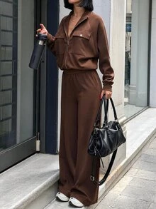 Struktiv Women's Spring/Autumn 2 Pieces Set, Half-Zip Collar Long Sleeve Top With Dual Pockets, High-Waist Draped Wide Leg Pants, Casual Relaxed Commute & Sport Outfit - Coffee Brown - View 7