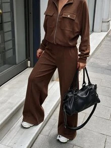 Struktiv Women's Spring/Autumn 2 Pieces Set, Half-Zip Collar Long Sleeve Top With Dual Pockets, High-Waist Draped Wide Leg Pants, Casual Relaxed Commute & Sport Outfit - Coffee Brown - View 6