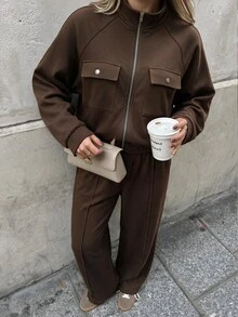 Struktiv Women's Spring/Autumn 2 Pieces Set, Half-Zip Collar Long Sleeve Top With Dual Pockets, High-Waist Draped Wide Leg Pants, Casual Relaxed Commute & Sport Outfit - Coffee Brown - View 3