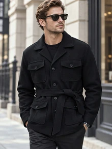 Calvornis Men's Solid Color Turn Collar Casual Versatile Daily Travel Long Sleeve Jacket - Black - View 7