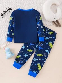 SHEIN 小男孩修身螢光動物圖案休閒極簡緊身舒適加厚長袖圓領褲子兩件套，適合秋冬、萬聖節、聖誕節 - 藏蓝色 - 查看 2