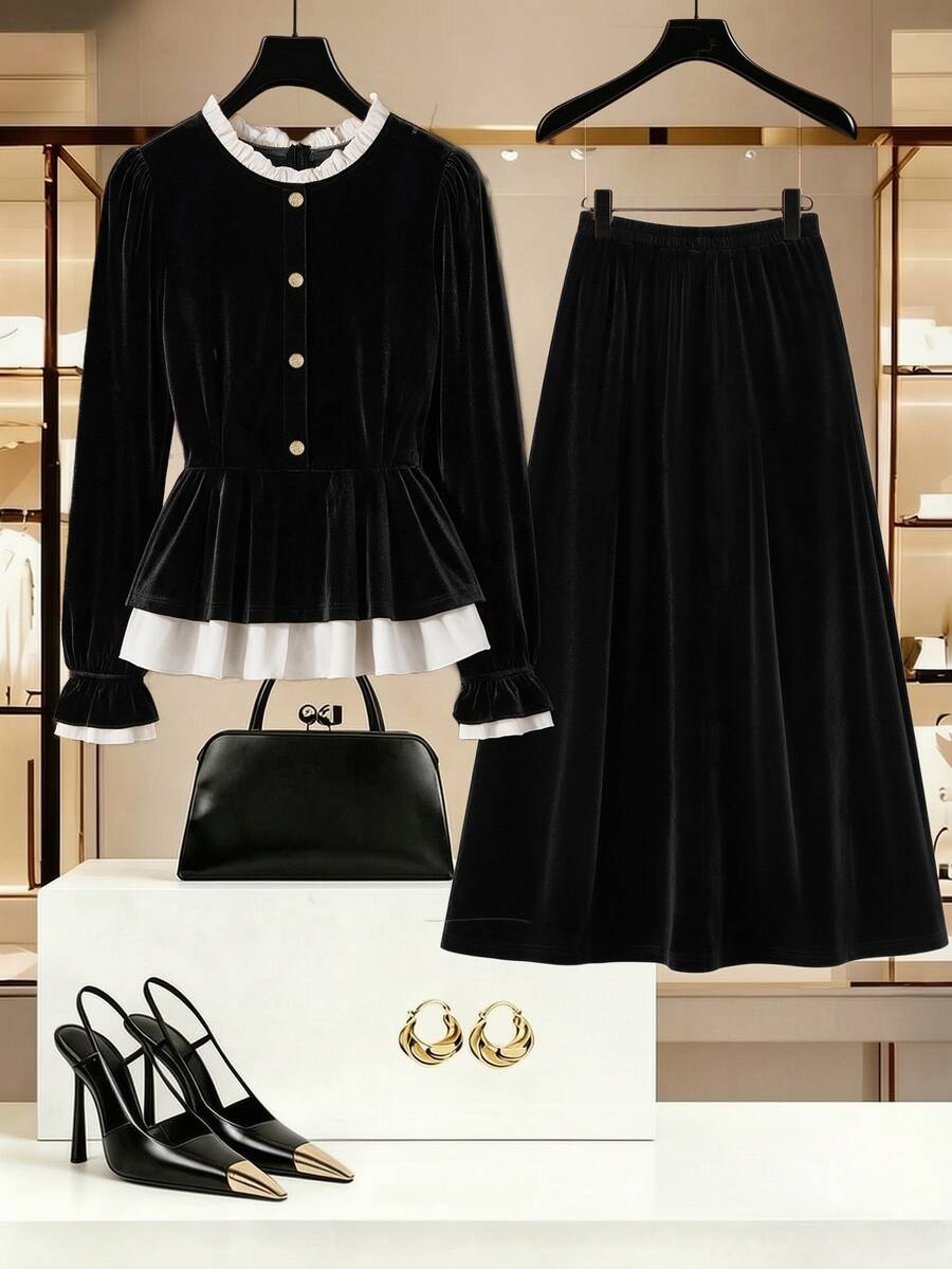 GlowEve CURVE 2026 Plus Size Elegant Ruffled Top And Skirt Two Pieces Set, BlackSuitable For EverydayCommuteFormalParties,DatesandOtherOccasionsAutumn/WinterClothing - Black and White - View 1