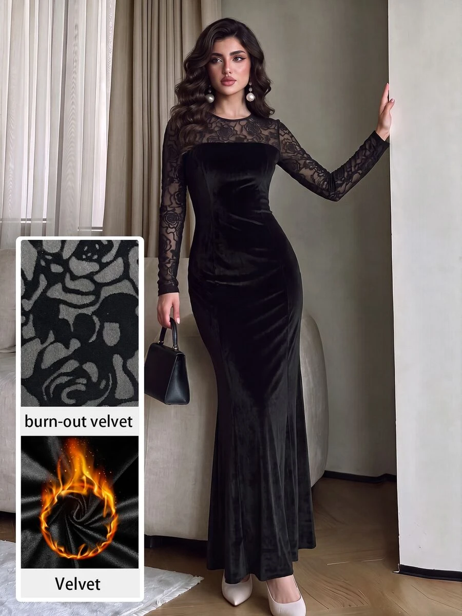 Modelyn Premium Velvet Patchwork Hollow Lace Dress, Round Neck Long Sleeve Bodycon Mermaid Skirt