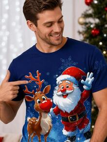 Sorvial Men's Cute Santa & Reindeer T-Shirt, Suitable For Christmas, Family Gathering, Friend Gift - Blue - View 5