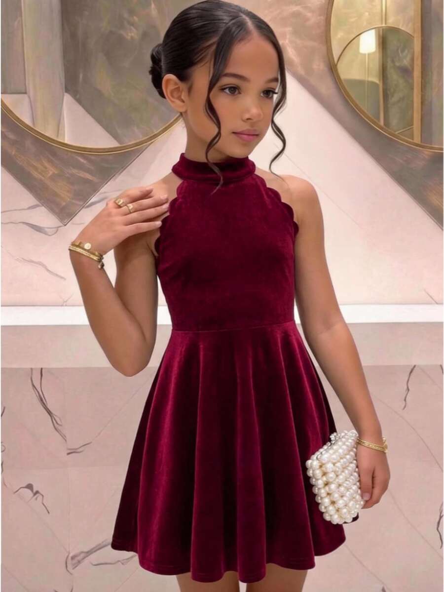 SHEIN Pitira 兒童青少年女孩復古優雅時尚立領無袖修身花瓣下擺洋裝,秋季/秋冬,紅色裙子,聖誕節 - 紅色 - 查看 1
