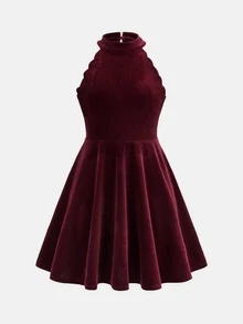 SHEIN Pitira 兒童青少年女孩復古優雅時尚立領無袖修身花瓣下擺洋裝，秋季/秋冬，紅色裙子，聖誕節 - 紅色 - 查看 5