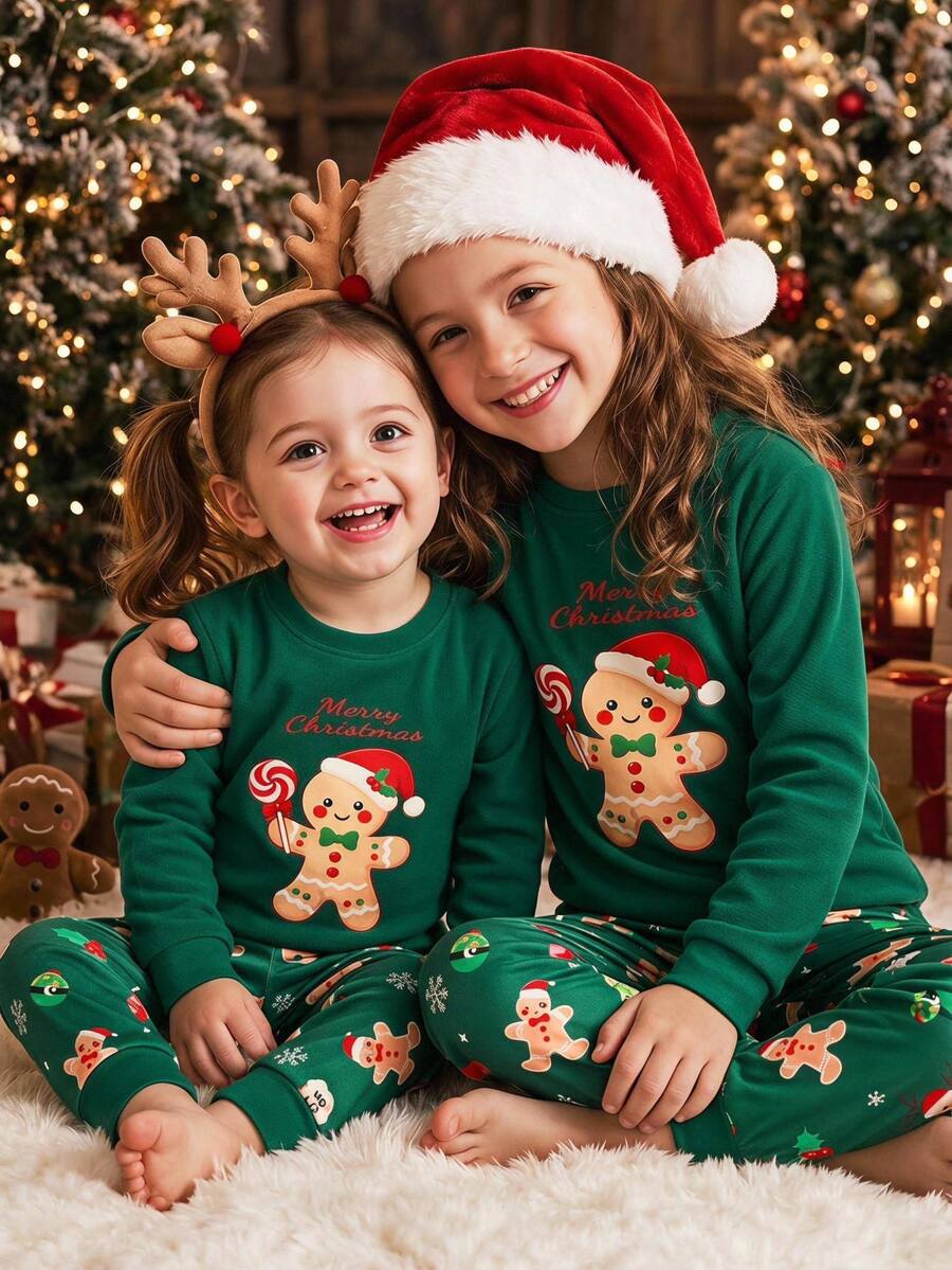 SHEIN Tween Girl Tween Girls Tween Girl Autumn Winter Christmas Cute Fashion Versatile Party Long Sleeve Pants Set Daily Snug Fit Home Wear - Multicolor - View 1