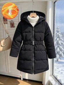 SHEIN Elladie kids 少女優雅修身中長版連帽拉鍊夾棉絎縫大衣，收腰設計 - 黑色 - 查看 4