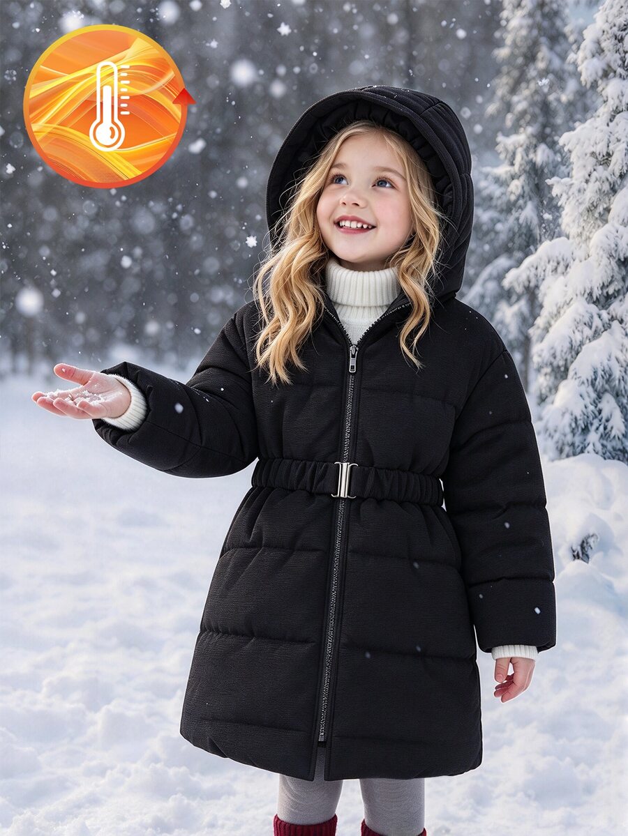 SHEIN Elladie kids 少女優雅修身中長版連帽拉鍊夾棉絎縫大衣，收腰設計