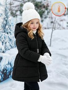 SHEIN Elladie kids 少女優雅修身中長版連帽拉鍊夾棉絎縫大衣，收腰設計 - 黑色 - 查看 7