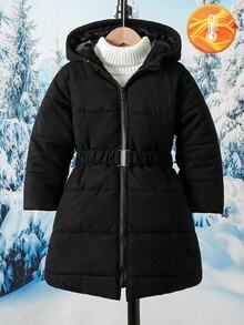 SHEIN Elladie kids 少女優雅修身中長版連帽拉鍊夾棉絎縫大衣，收腰設計 - 黑色 - 查看 9