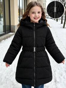 SHEIN Elladie kids 少女優雅修身中長版連帽拉鍊夾棉絎縫大衣，收腰設計 - 黑色 - 查看 5