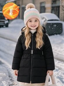 SHEIN Elladie kids 少女優雅修身中長版連帽拉鍊夾棉絎縫大衣，收腰設計 - 黑色 - 查看 3