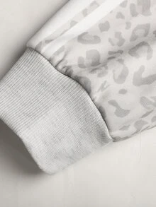 SHEIN Teen Girl Girls Light Gray Leopard Print Horse Logo Woven Tape Hooded Sweatshirt Jacket Coat Autumn/Winter - Light Grey - View 10