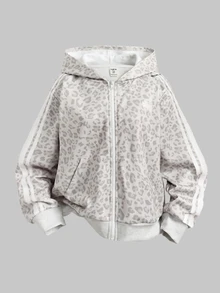 SHEIN Teen Girl Girls Light Gray Leopard Print Horse Logo Woven Tape Hooded Sweatshirt Jacket Coat Autumn/Winter - Light Grey - View 2