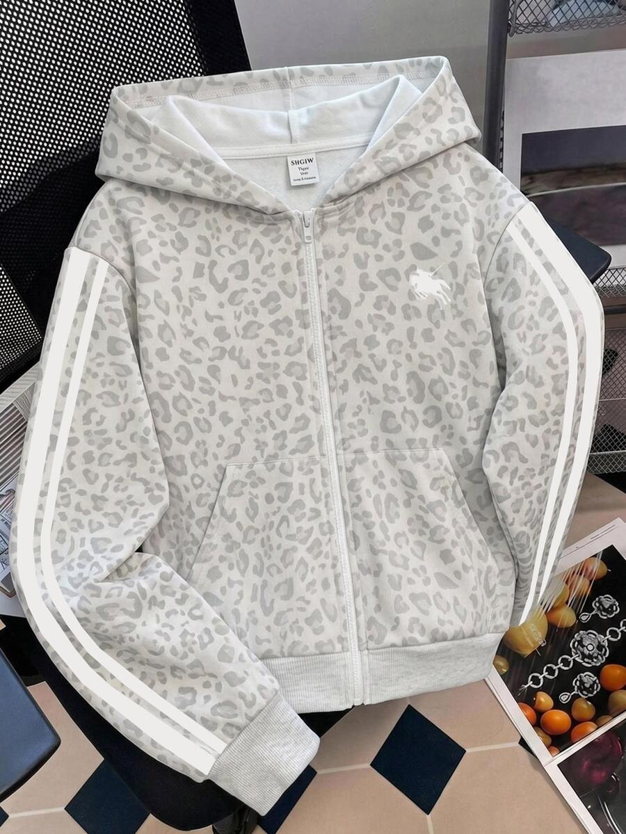 SHEIN Teen Girl Girls Light Gray Leopard Print Horse Logo Woven Tape Hooded Sweatshirt Jacket Coat Autumn/Winter - Light Grey - View 1