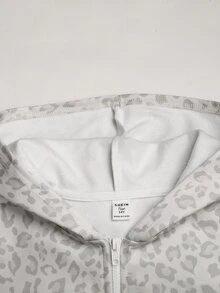 SHEIN Teen Girl Girls Light Gray Leopard Print Horse Logo Woven Tape Hooded Sweatshirt Jacket Coat Autumn/Winter - Light Grey - View 6