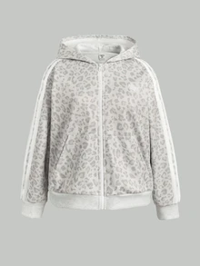 SHEIN Teen Girl Girls Light Gray Leopard Print Horse Logo Woven Tape Hooded Sweatshirt Jacket Coat Autumn/Winter - Light Grey - View 4