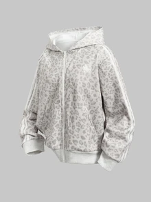 SHEIN Teen Girl Girls Light Gray Leopard Print Horse Logo Woven Tape Hooded Sweatshirt Jacket Coat Autumn/Winter - Light Grey - View 5