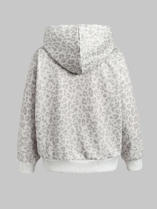 SHEIN Teen Girl Girls Light Gray Leopard Print Horse Logo Woven Tape Hooded Sweatshirt Jacket Coat Autumn/Winter - Light Grey - View 3