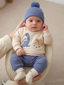 SHEIN Kids Kids Newborn Dinosaur Animal Print Shoulder Snap Fleece Thick Sweatshirt & Versatile Fleece All-Match Sweatpants Set, Suitable For Winter - Multicolor - View 1