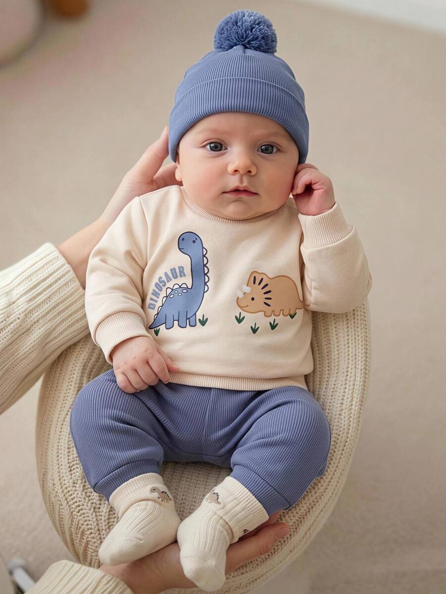 SHEIN Kids Kids Newborn Dinosaur Animal Print Shoulder Snap Fleece Thick Sweatshirt & Versatile Fleece All-Match Sweatpants Set, Suitable For Winter - Multicolor - View 1