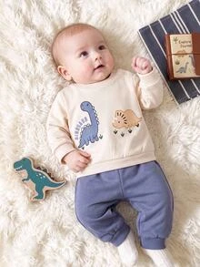 SHEIN Kids Kids Newborn Dinosaur Animal Print Shoulder Snap Fleece Thick Sweatshirt & Versatile Fleece All-Match Sweatpants Set, Suitable For Winter - Multicolor - View 7