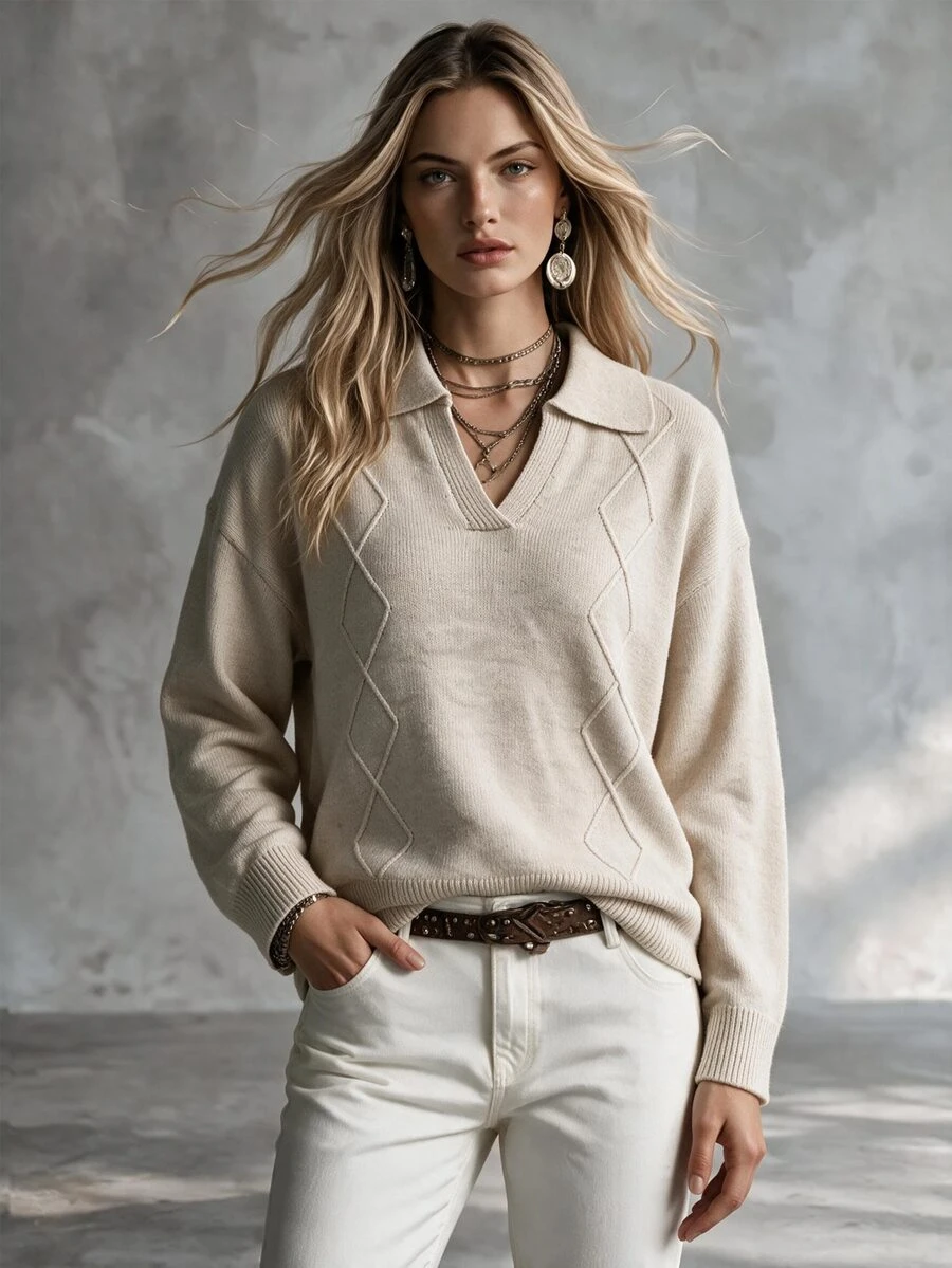 SHEIN Polo Collar Argyle Knit Sweater Women, Old Money Style Loose Drop Shoulder Long Sleeve Lazy Layering Commute Pullover Knit Top - Beige - View 1