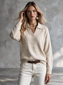 SHEIN Polo Collar Argyle Knit Sweater Women, Old Money Style Loose Drop Shoulder Long Sleeve Lazy Layering Commute Pullover Knit Top - Beige - View 6