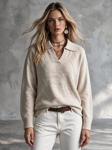 SHEIN Polo Collar Argyle Knit Sweater Women, Old Money Style Loose Drop Shoulder Long Sleeve Lazy Layering Commute Pullover Knit Top - Beige - View 7