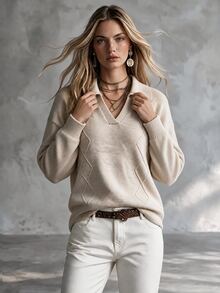 SHEIN Polo Collar Argyle Knit Sweater Women, Old Money Style Loose Drop Shoulder Long Sleeve Lazy Layering Commute Pullover Knit Top - Beige - View 3