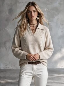 SHEIN Polo Collar Argyle Knit Sweater Women, Old Money Style Loose Drop Shoulder Long Sleeve Lazy Layering Commute Pullover Knit Top - Beige - View 4