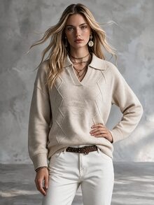 SHEIN Polo Collar Argyle Knit Sweater Women, Old Money Style Loose Drop Shoulder Long Sleeve Lazy Layering Commute Pullover Knit Top - Beige - View 5