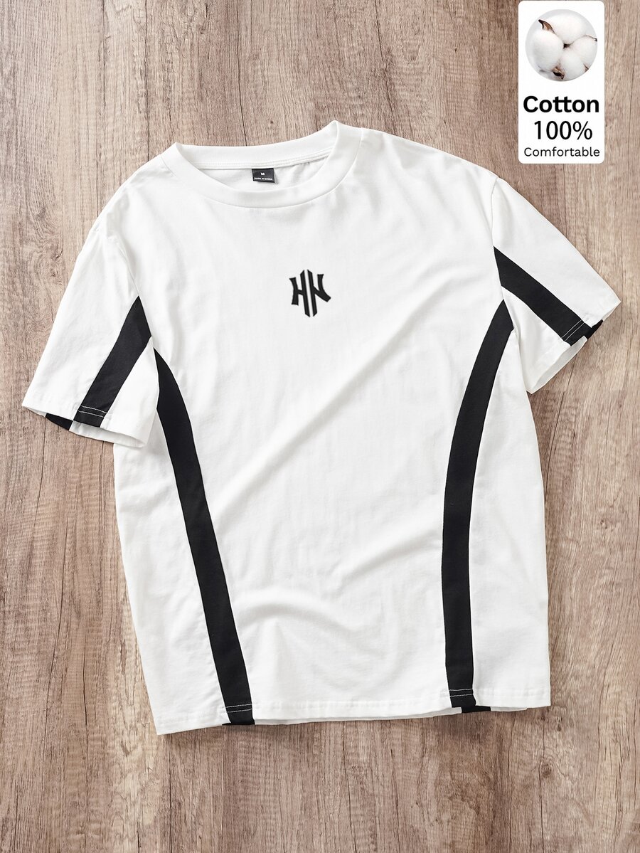 OldRiff Standard Size Men's 100% Cotton Black & White Colorblock Patchwork T-Shirt, High Quality T-Shirt, Suitable For School, Outings, Friends Gift - White - View 1
