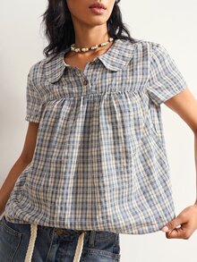 Bohemela Women's Korean Style Button Half-Placket Plaid Shirt - Blue and White - View 3