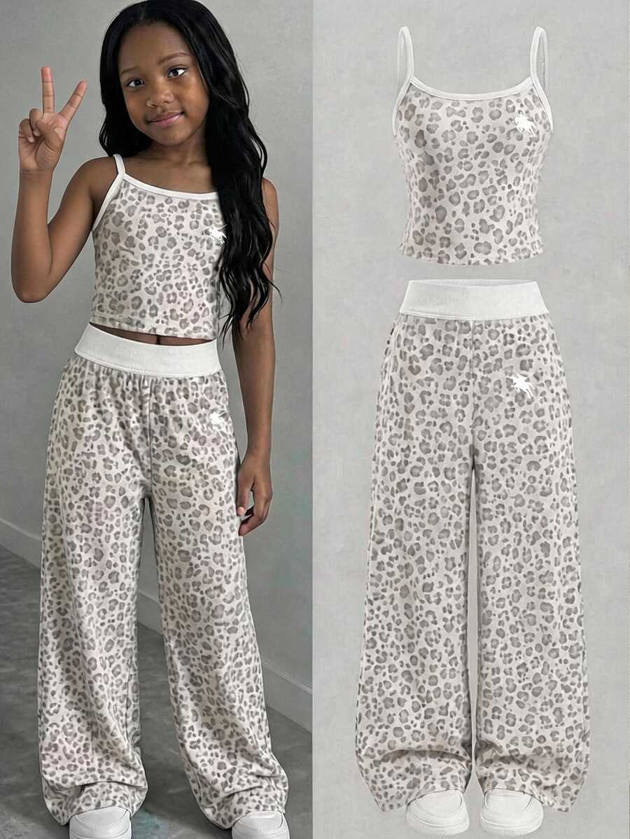 SHEIN Tween Girls Knitted Camisole Kids Top And Loose Pants Set With Cartoon Pattern Holiday Family Matching White Summer Casual Western - Multicolor - View 1
