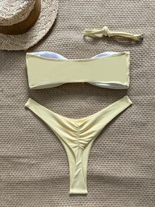 SHEIN Swim Women's Summer Solid Color Spaghetti Strap Starfish Metal Decor High Cut Sexy Tropical Bikini Set Beach Vacation White - Yellow - View 4