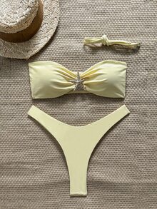SHEIN Swim Women's Summer Solid Color Spaghetti Strap Starfish Metal Decor High Cut Sexy Tropical Bikini Set Beach Vacation White - Yellow - View 3