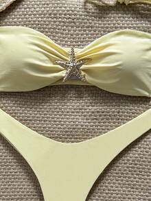 SHEIN Swim Women's Summer Solid Color Spaghetti Strap Starfish Metal Decor High Cut Sexy Tropical Bikini Set Beach Vacation White - Yellow - View 7