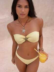 SHEIN Swim Women's Summer Solid Color Spaghetti Strap Starfish Metal Decor High Cut Sexy Tropical Bikini Set Beach Vacation White - Yellow - View 1