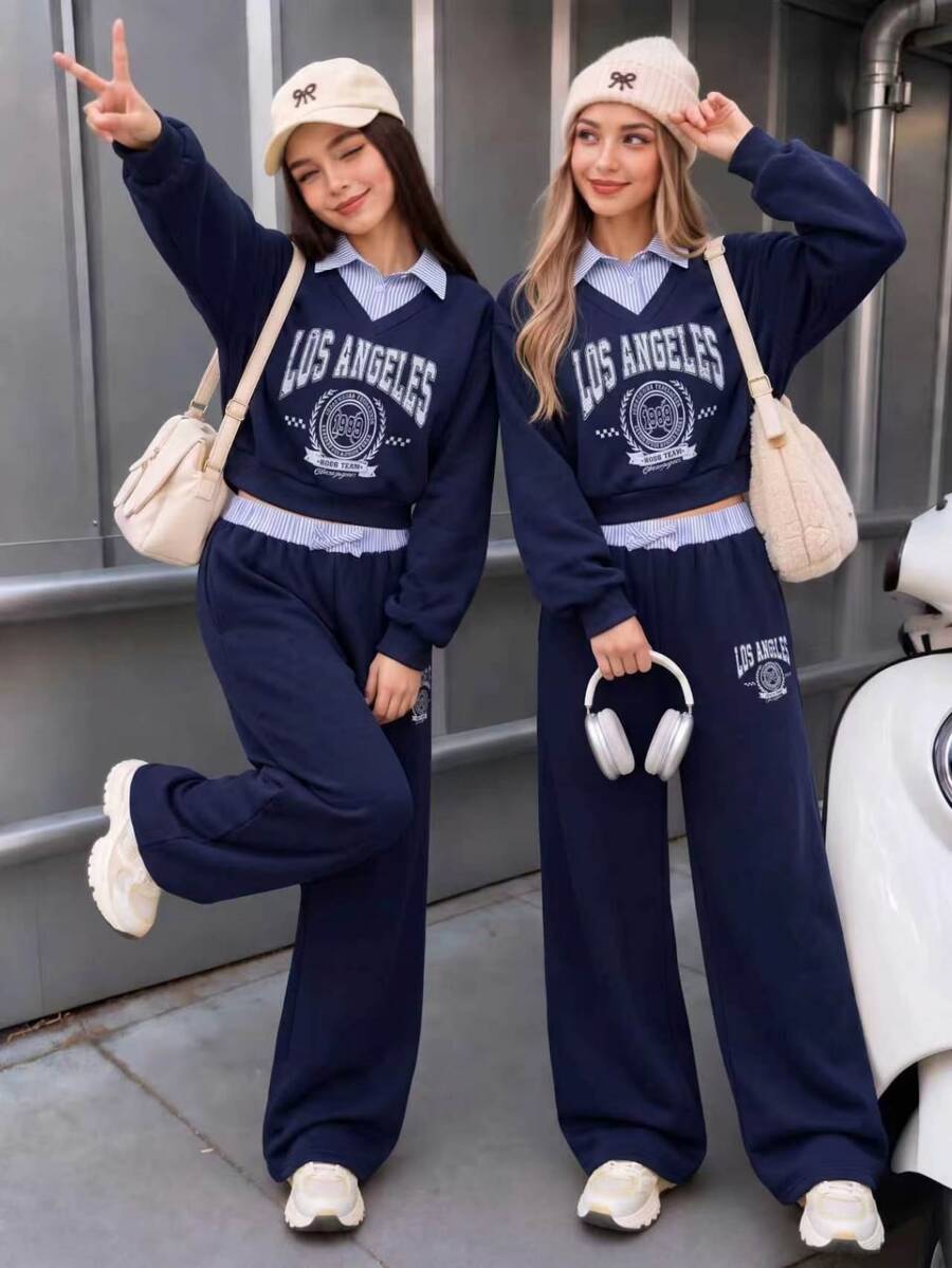 SHEIN 青少年女孩 2件套 V領 2合1領口襯衫運動衫 寬腿褲 秋季校園穿搭 校外穿搭 白色運動 80年代運動風 - 藏蓝色 - 查看 1