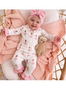 SHEIN Newborn Baby Girl Cute Casual Knit Colorblock Bow Pink Long Sleeve Loungewear Set - Beige - View 7