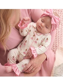 SHEIN Newborn Baby Girl Cute Casual Knit Colorblock Bow Pink Long Sleeve Loungewear Set - Beige - View 1
