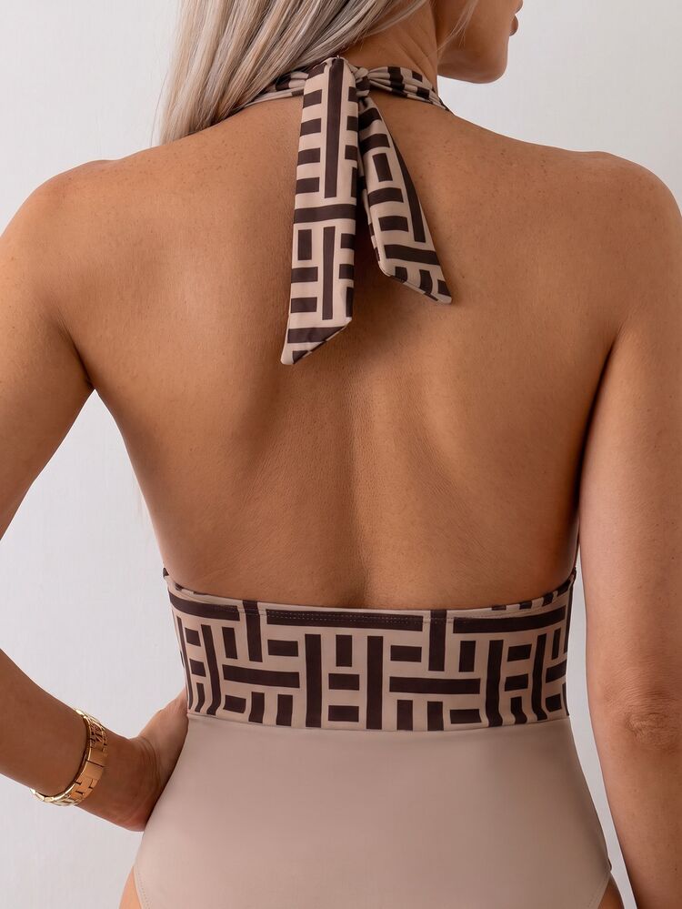 Swim Lushoire Women's Brown Geometric Pattern Backless Deep V-Neck Ruched One-Piece Swimsuit - Multicolor - View 4