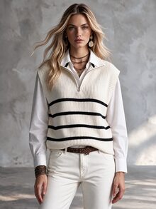 SHEIN 黑白條紋領口V領無袖針織背心,寬鬆柔軟,女款上衣,適合校園、日常、秋季休閒、學院風、辦公商務 - 杏色 - 查看 5