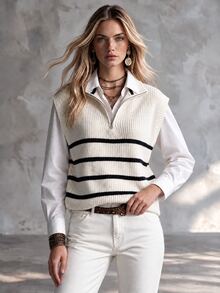 SHEIN 黑白條紋領口V領無袖針織背心,寬鬆柔軟,女款上衣,適合校園、日常、秋季休閒、學院風、辦公商務 - 杏色 - 查看 8