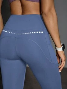 SHEIN Sports 女款高腰口袋休閒百搭日常穿著運動緊身褲 - 藍色 - 查看 4